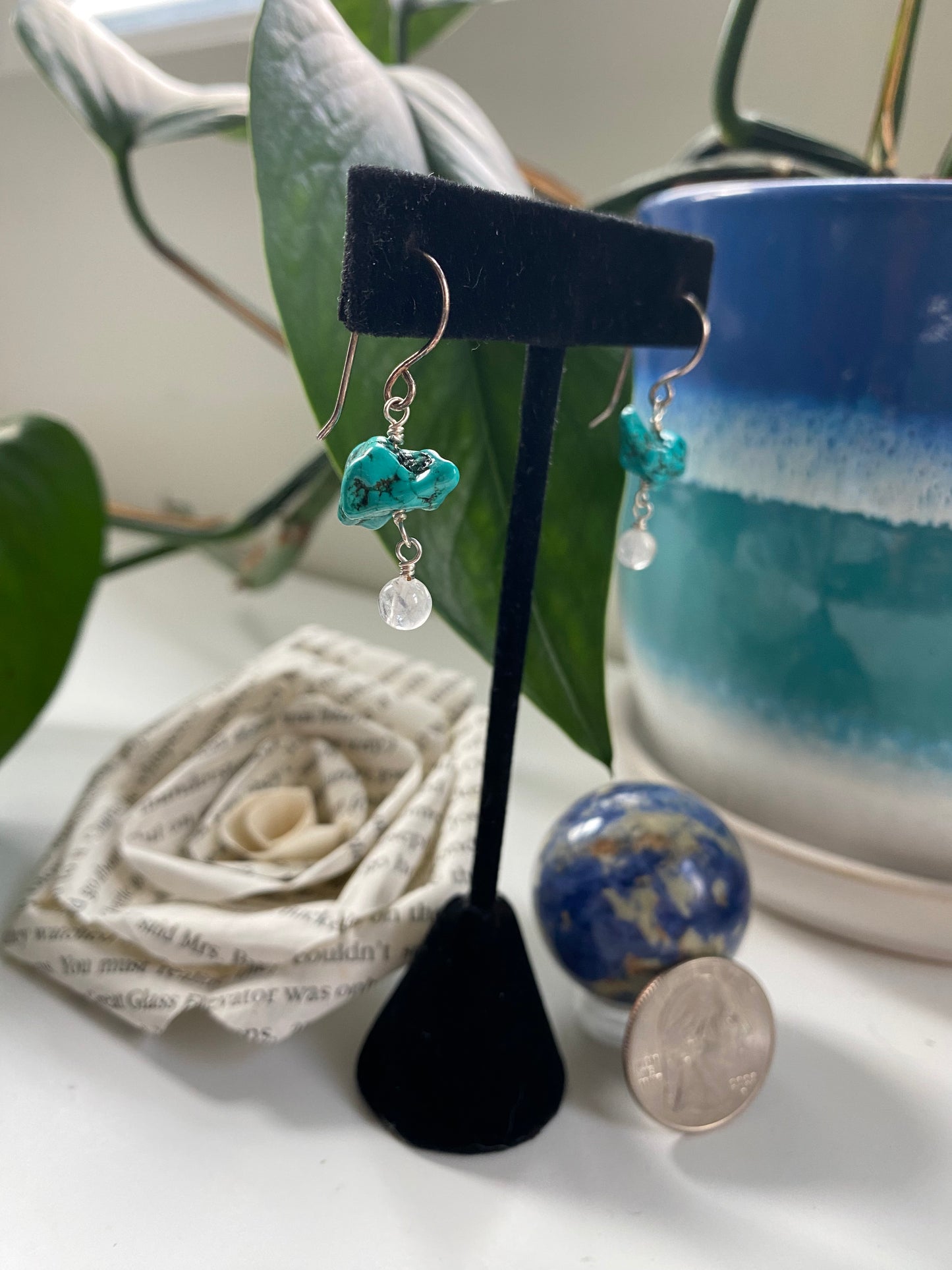 Turquoise nugget bead with clear quartz bead EV23-EQ0012