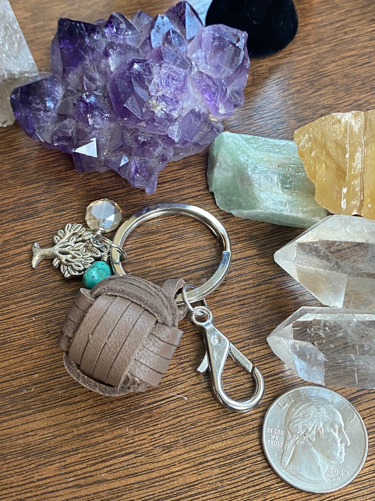 Leather ball with tree charm, turquoise and crystal keychain with a lobster claw clasp KC23-KC0017