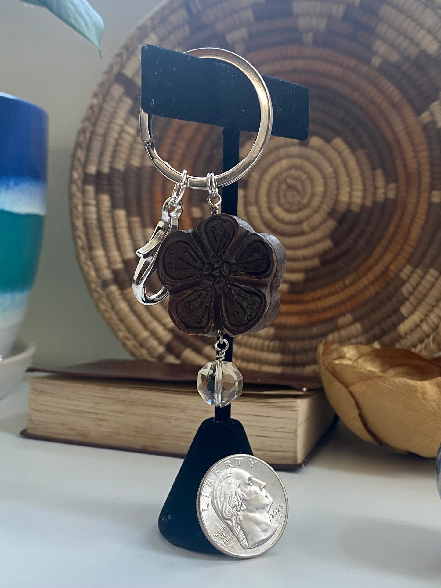 Wooden flower bead with smokey quartz crystal keychain with a wooden lobster clasp KC23-KC0018