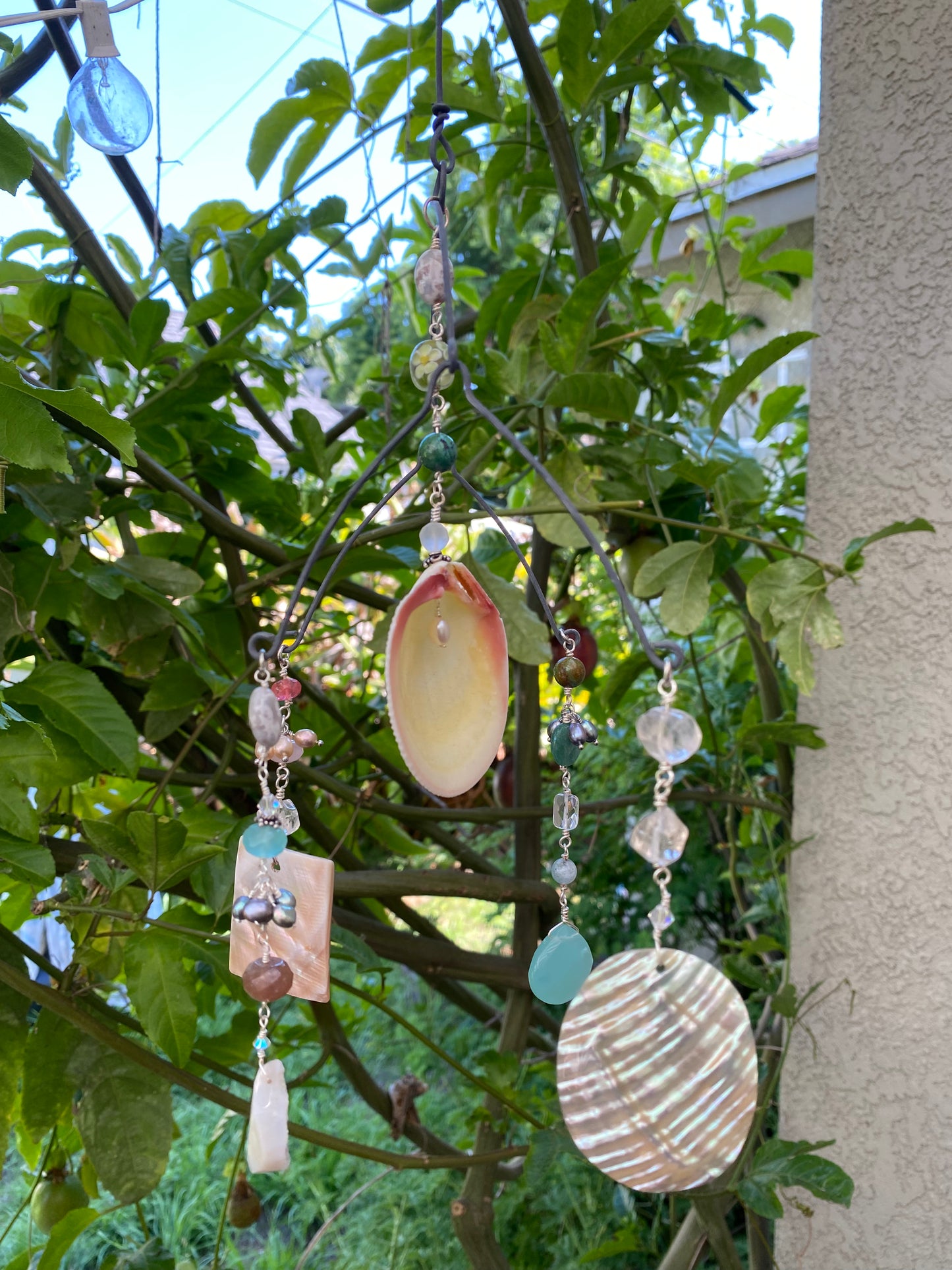 Sun Catchers: Medium Shell with Quartz beads, Beautiful irredescent shell, Druzzy quartz, Rectangular cut shell, Jasper, etc. SC23-CO0001