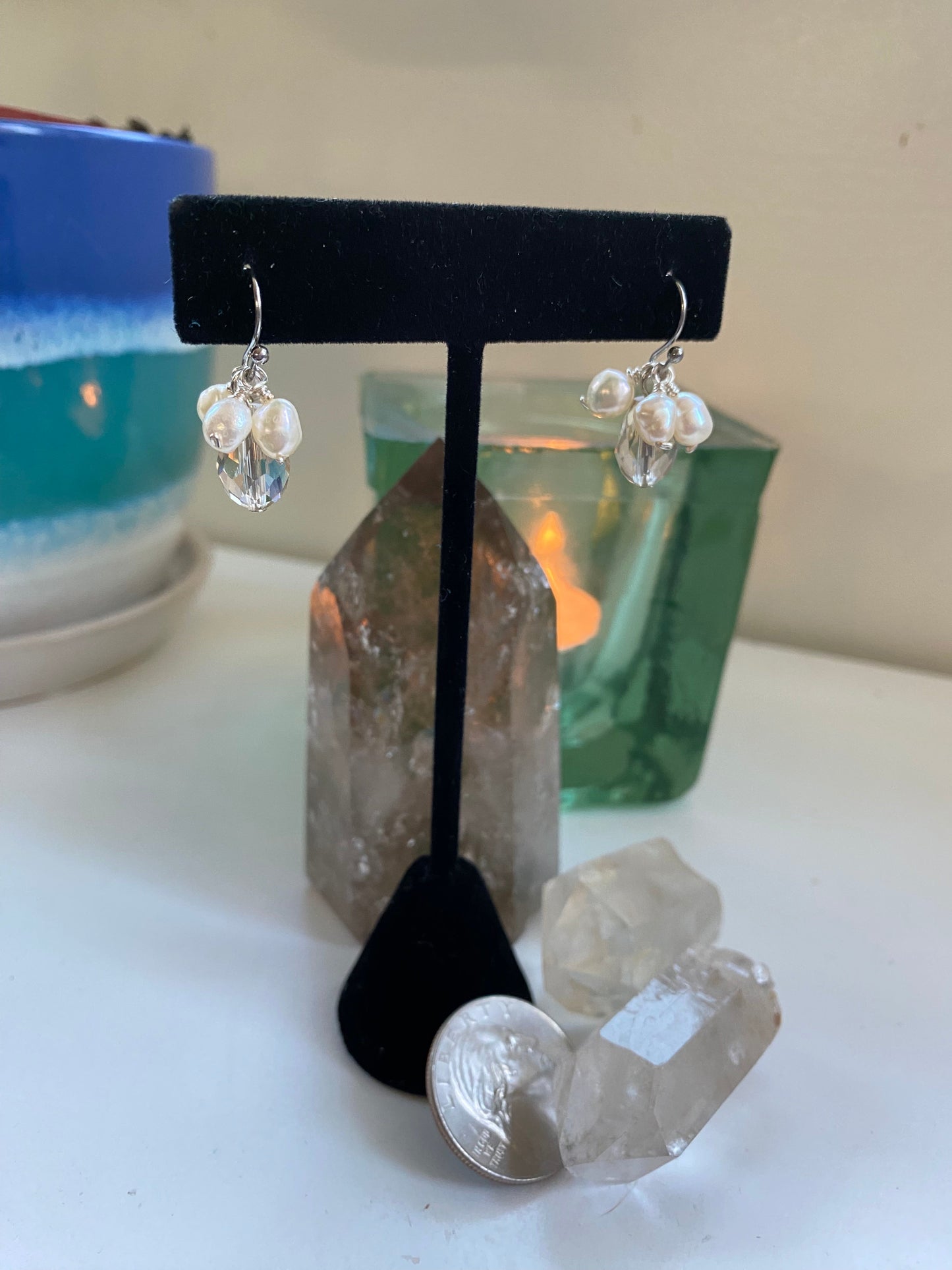 Faceted teardrop beads with 3 freshwater pearls AN23-ES00