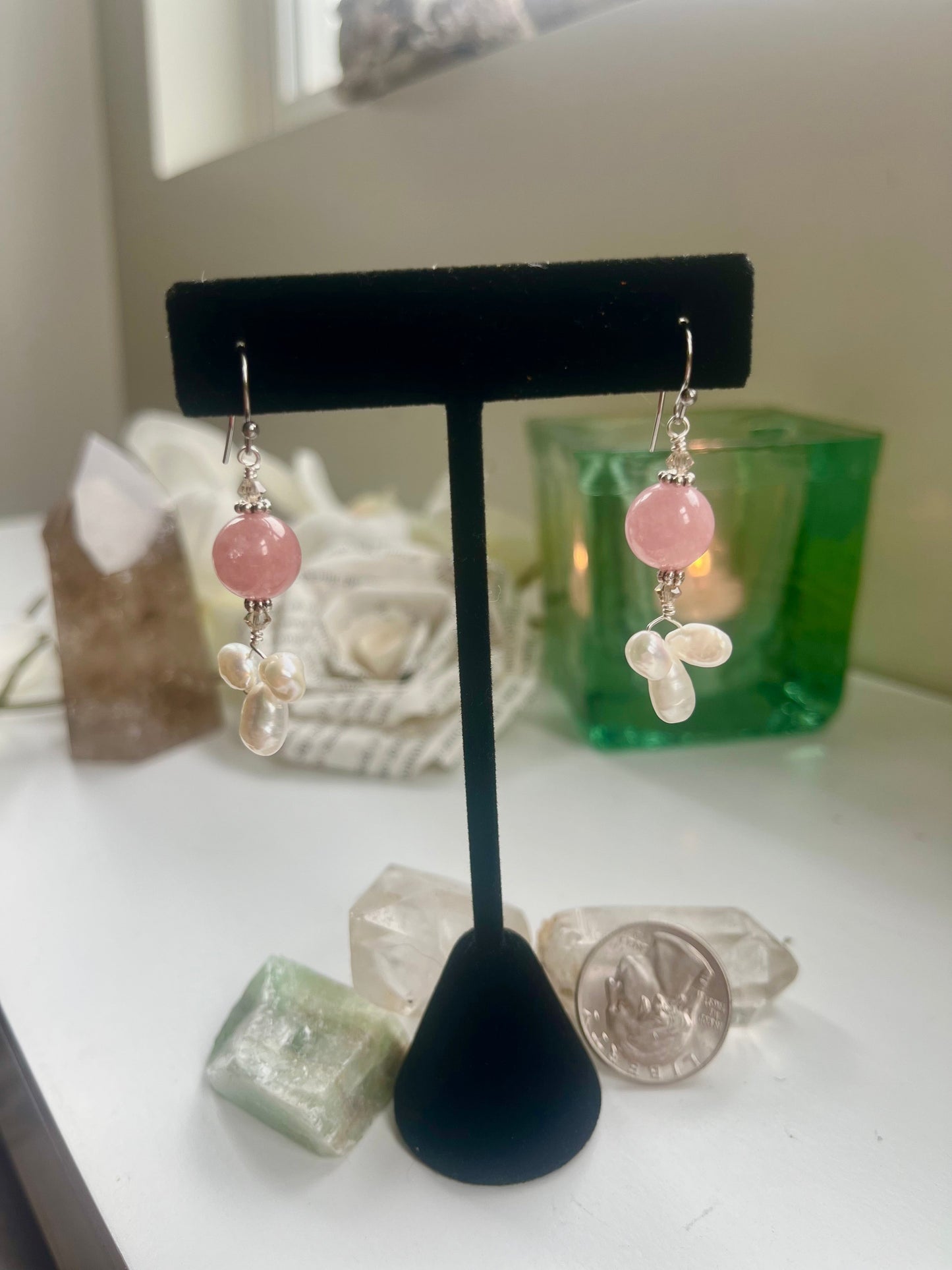 Pink jade bead with triple fresh water pearls with pink Swearovki bicones AN23-EP0008