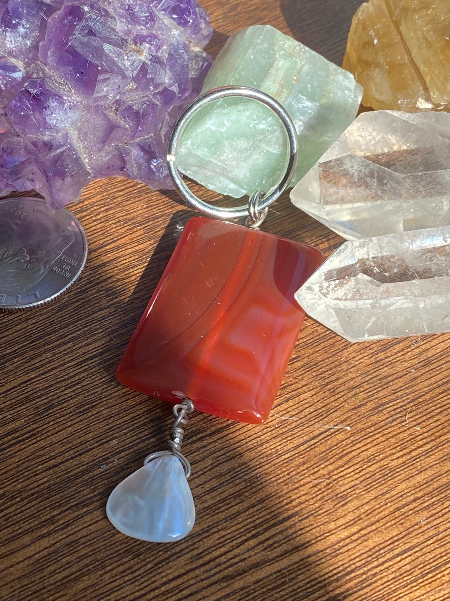Rectangular carnelian bead with teardrop shell bead keychain