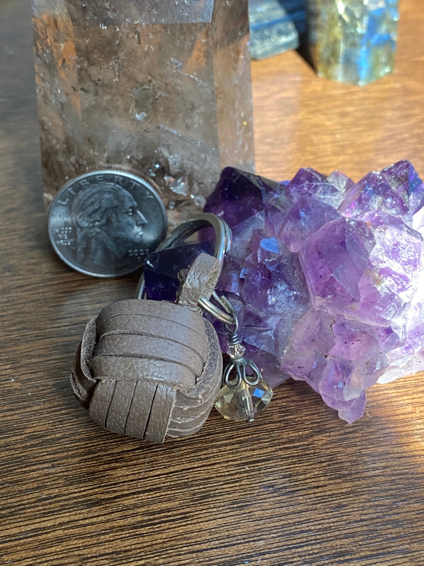 Leather ball with crystal keychain with a lobster claw clasp KC23-KC0016