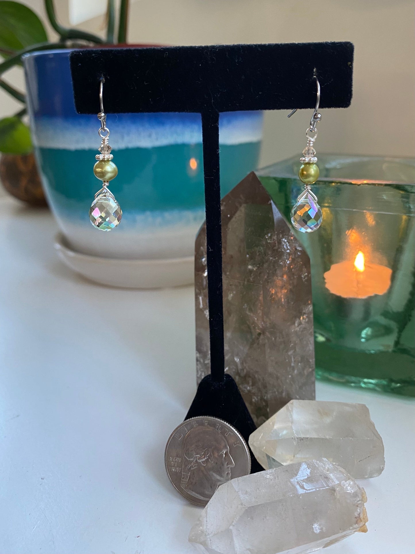 Faintly green shimmer tear drop beads with olive green freshwater pearls with stainless steel earwires AN23-ES00