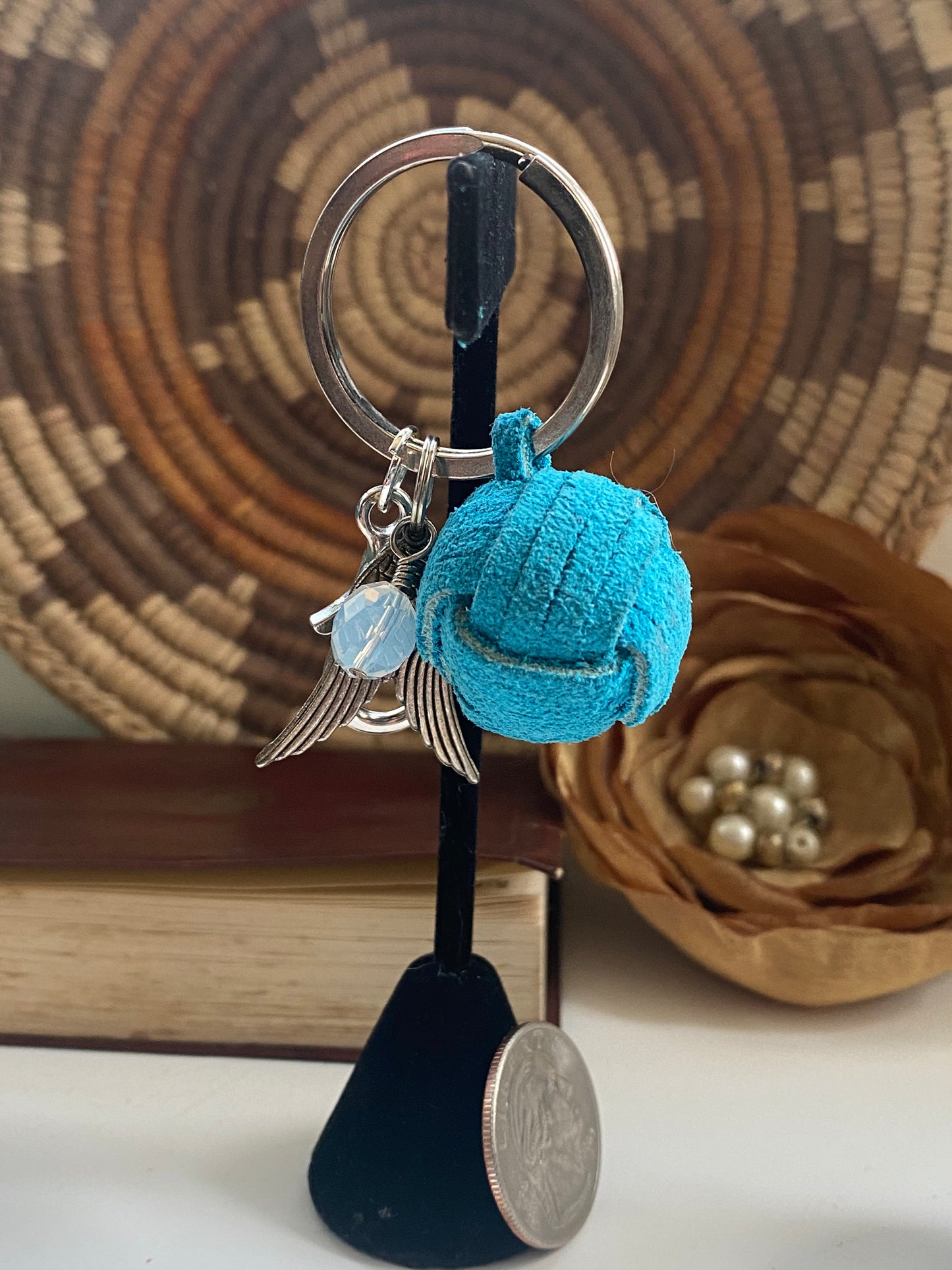 Blue Suede ball with feathers and opalite bead keychain and a lobster claw clasp KC23-KC0015