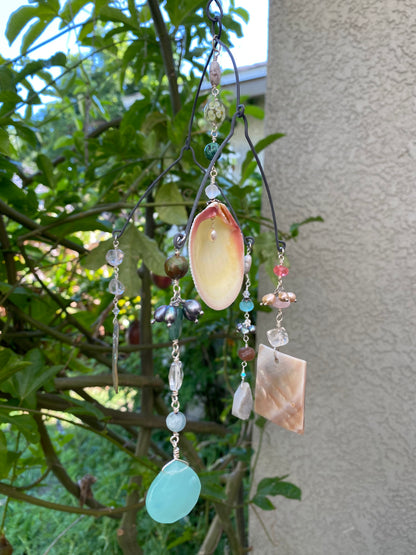 Sun Catchers: Medium Shell with Quartz beads, Beautiful irredescent shell, Druzzy quartz, Rectangular cut shell, Jasper, etc. SC23-CO0001