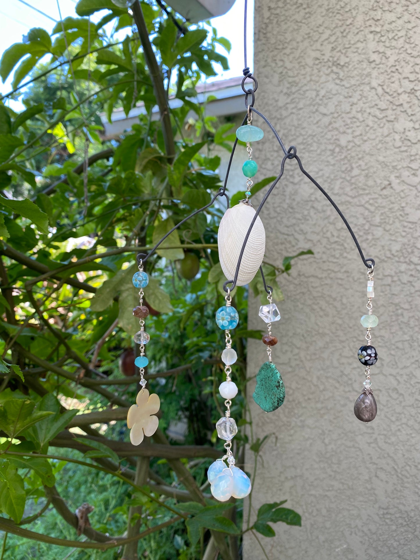 Sun Catchers: Medium Shell in the middle, Opalite droplets, floral carved flower bead, Quartz, Jasper, Chalcedony beads, etc. SC23-CO0003