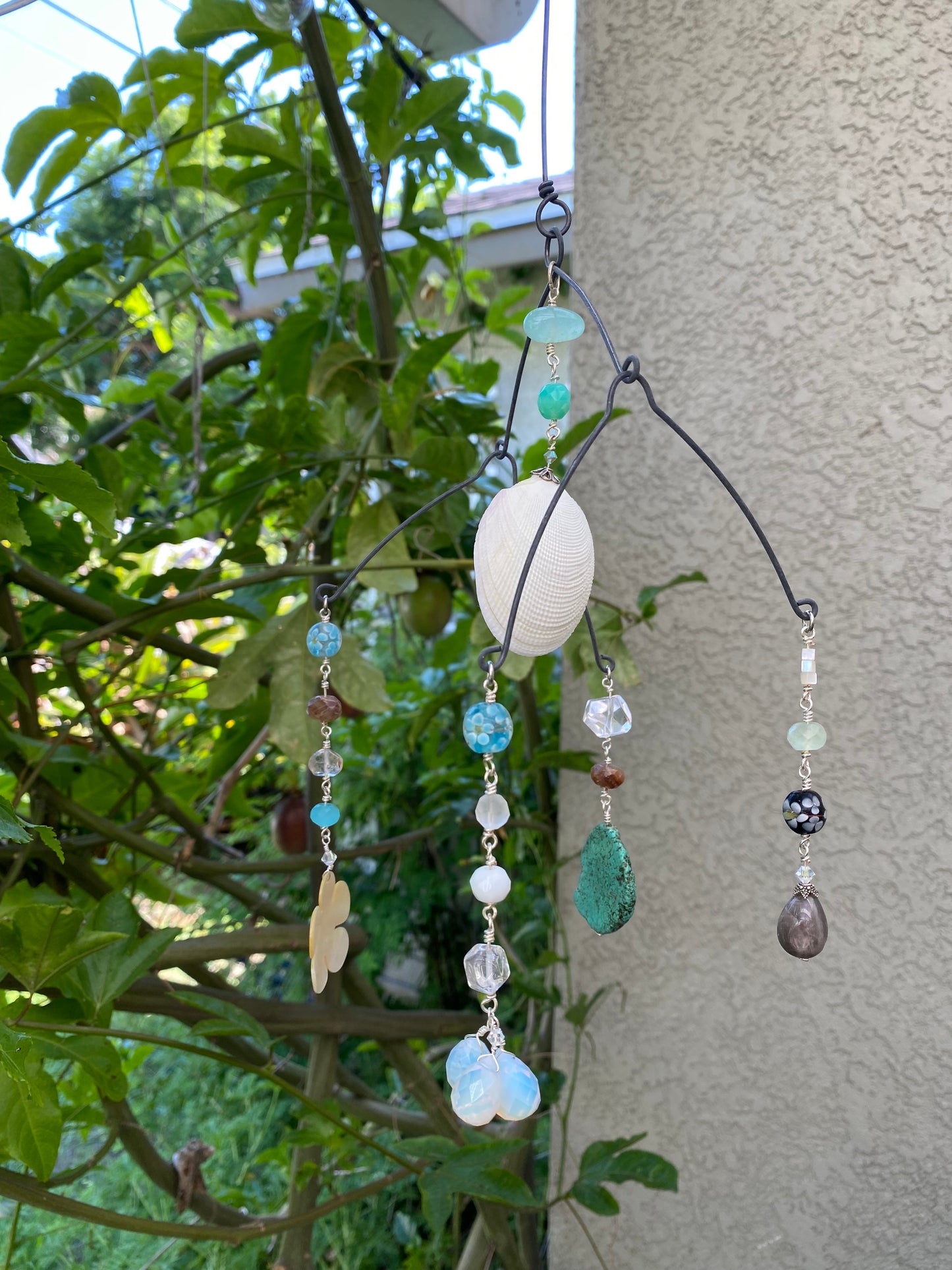 Sun Catchers: Medium Shell in the middle, Opalite droplets, floral carved flower bead, Quartz, Jasper, Chalcedony beads, etc. SC23-CO0003