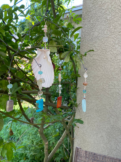 Sun Catchers: Large Shell with Chalcedony, dyed Howlite, Carnelian, quartz beads, shell beads, etc. SC23-CO0004