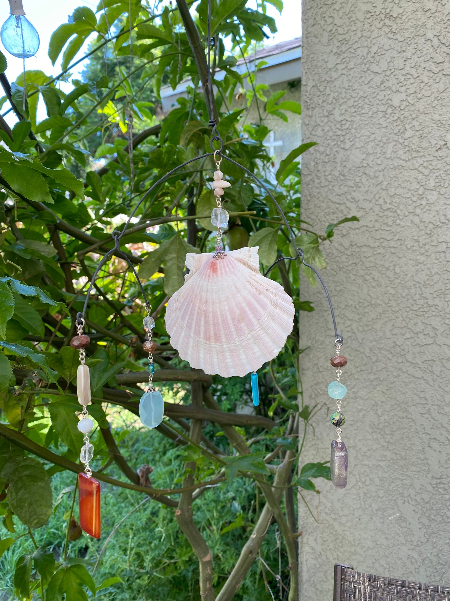 Sun Catchers: Large Shell with Chalcedony, dyed Howlite, Carnelian, quartz beads, shell beads, etc. SC23-CO0004