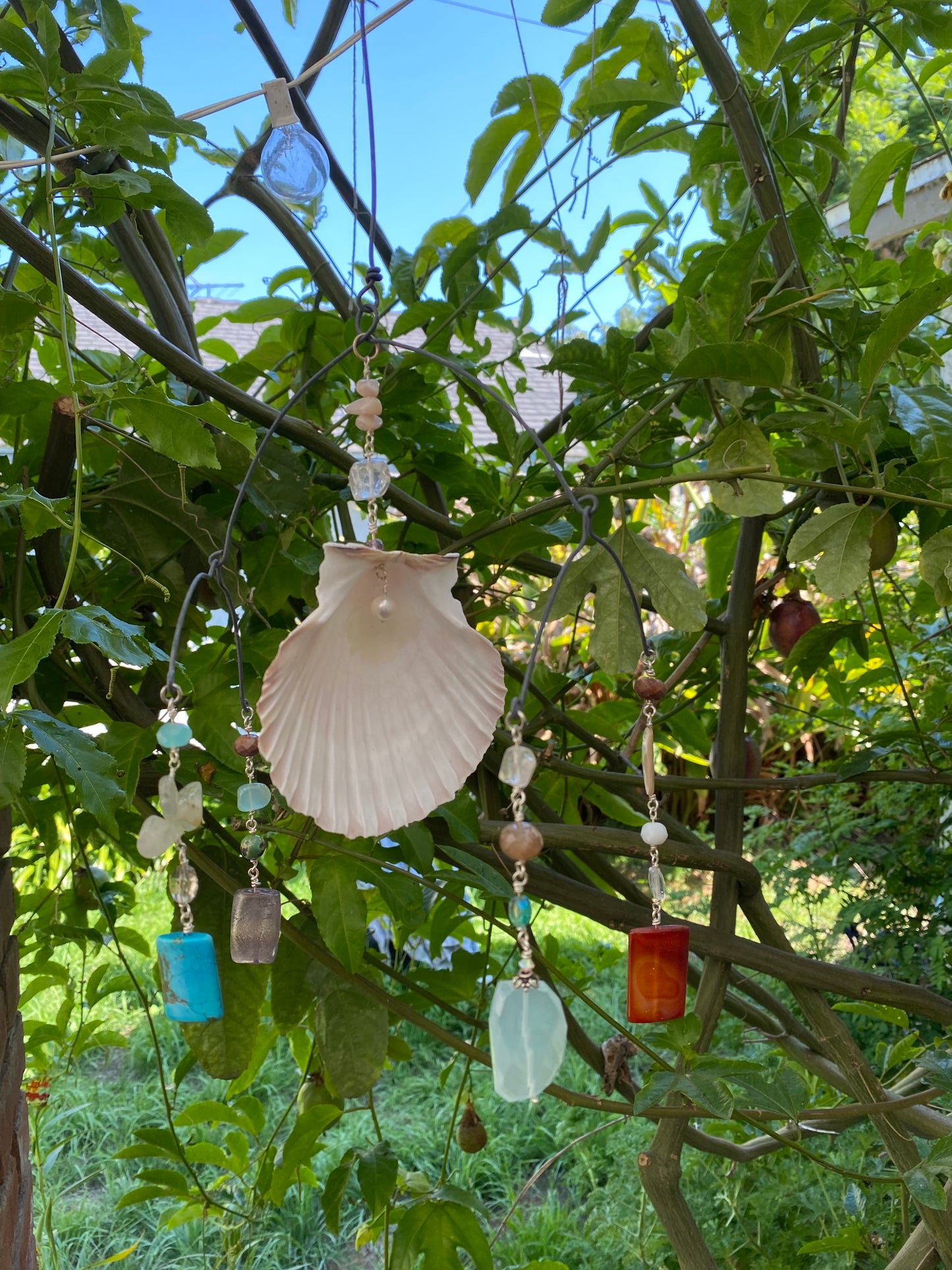 Sun Catchers: Large Shell with Chalcedony, dyed Howlite, Carnelian, quartz beads, shell beads, etc. SC23-CO0004