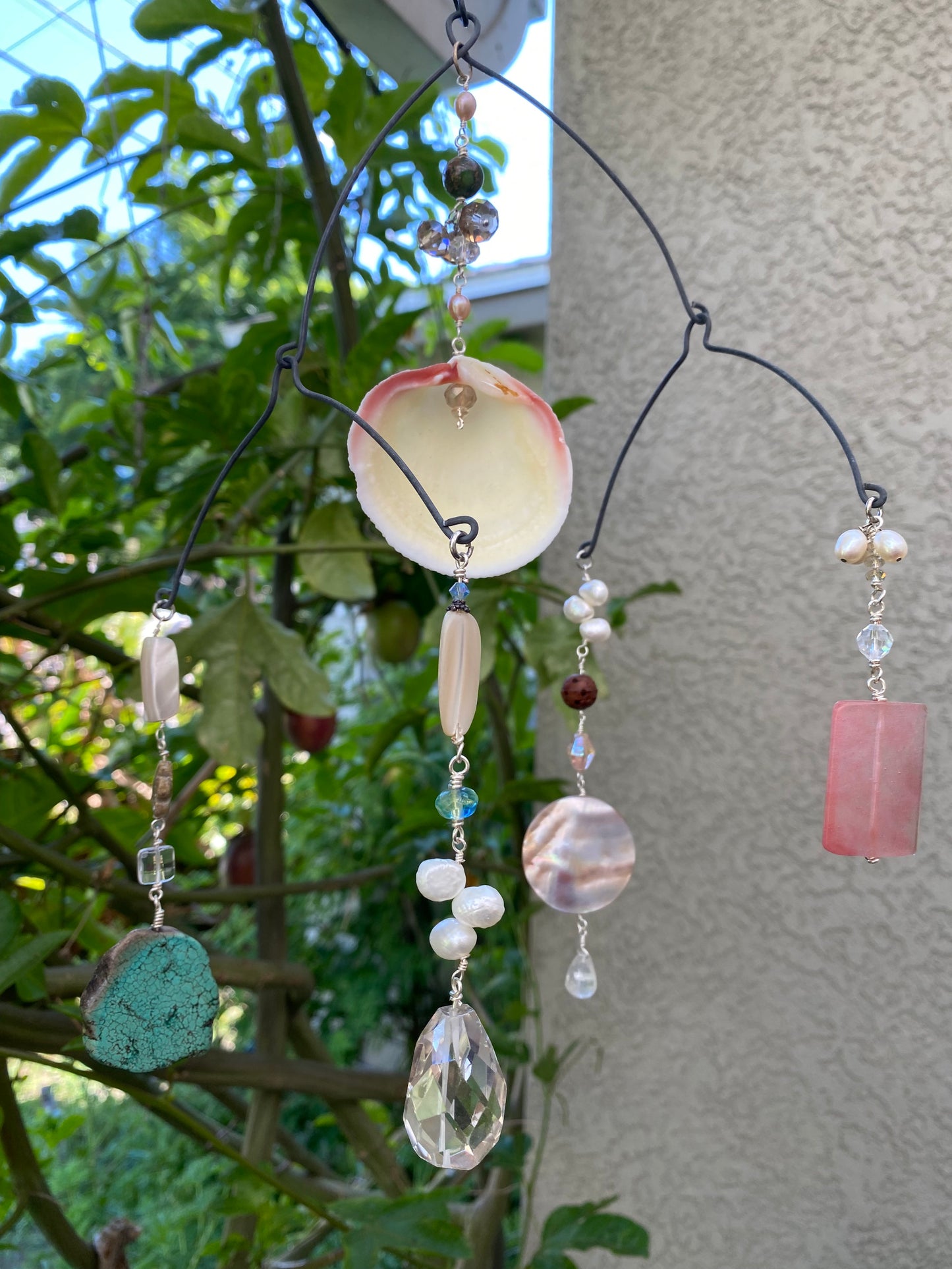 Sun Catchers: Medium Shell in the middle with Turquoise, round shaped shell, quartz (Smokey), and strawberry quartz, freshwater pearls, etc. SC23-CO0005