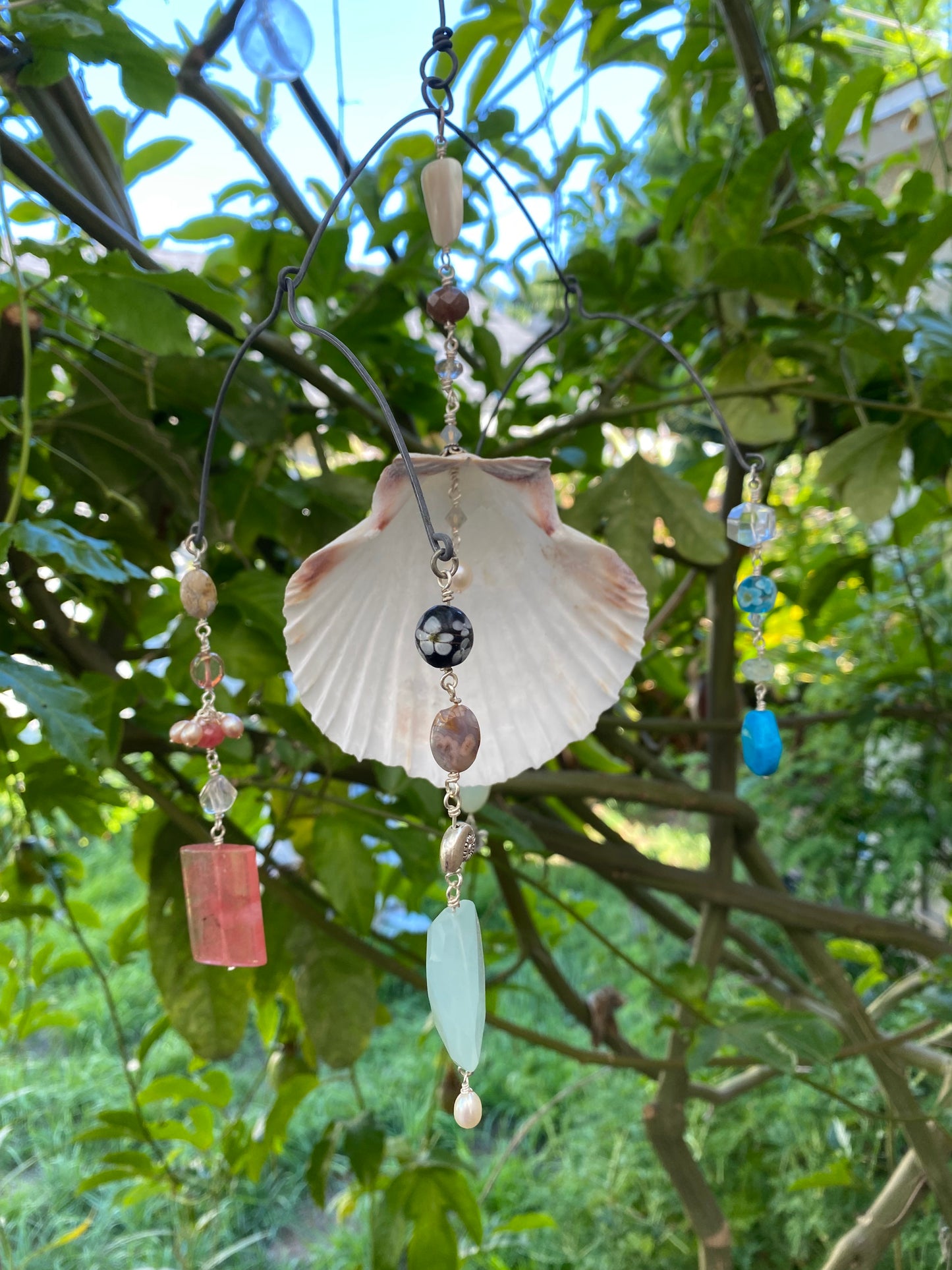 Sun Catchers: Large Shell with Strawberry Quartz, Chalcedony, Freshwater pearls, Bird Charm, Jasper, Quartz and dyed Howlite etc. SC23-CO0006