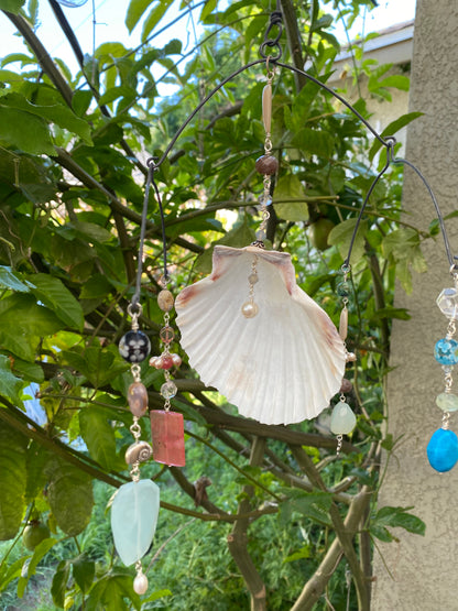 Sun Catchers: Large Shell with Strawberry Quartz, Chalcedony, Freshwater pearls, Bird Charm, Jasper, Quartz and dyed Howlite etc. SC23-CO0006