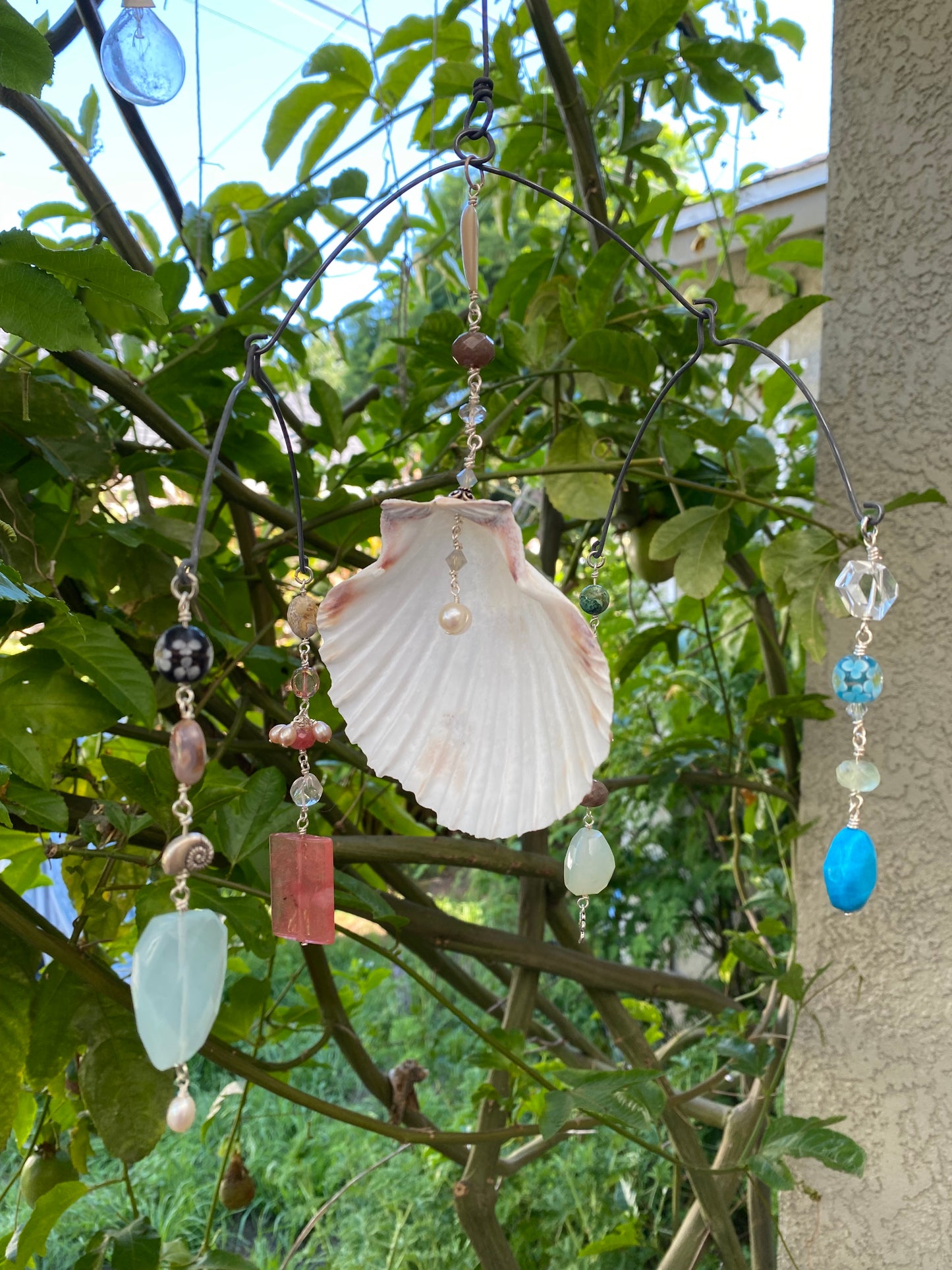 Sun Catchers: Large Shell with Strawberry Quartz, Chalcedony, Freshwater pearls, Bird Charm, Jasper, Quartz and dyed Howlite etc. SC23-CO0006