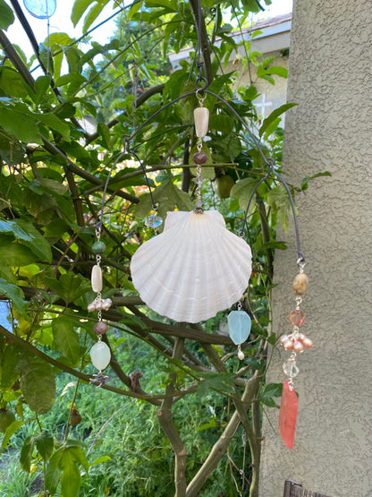 Sun Catchers: Large Shell with Strawberry Quartz, Chalcedony, Freshwater pearls, Bird Charm, Jasper, Quartz and dyed Howlite etc. SC23-CO0006