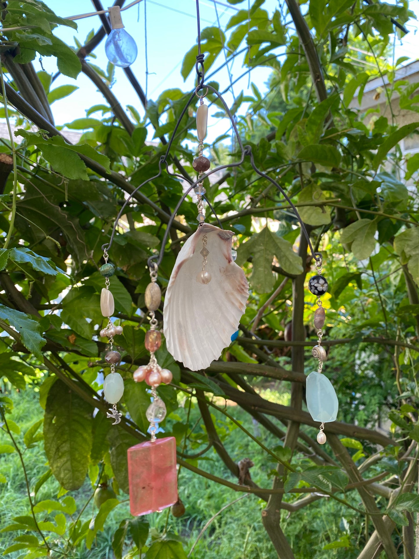 Sun Catchers: Large Shell with Strawberry Quartz, Chalcedony, Freshwater pearls, Bird Charm, Jasper, Quartz and dyed Howlite etc. SC23-CO0006