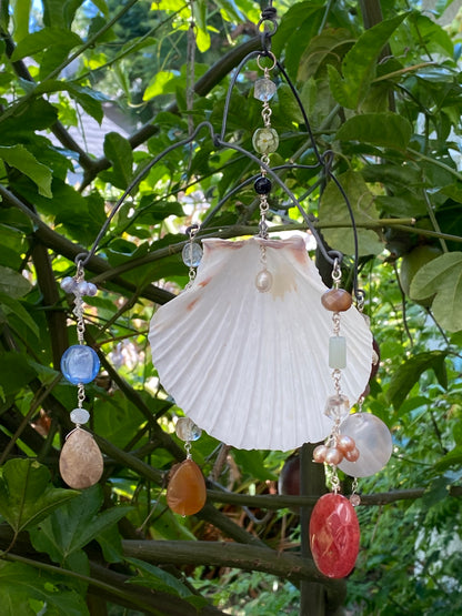 Sun Catchers: Large shell in the middle with Circular carved shells, Strawberry Quartz, Petrified corals, jasper, freshwater pearls, quartz, Carnelian etc. SC23-CO0008