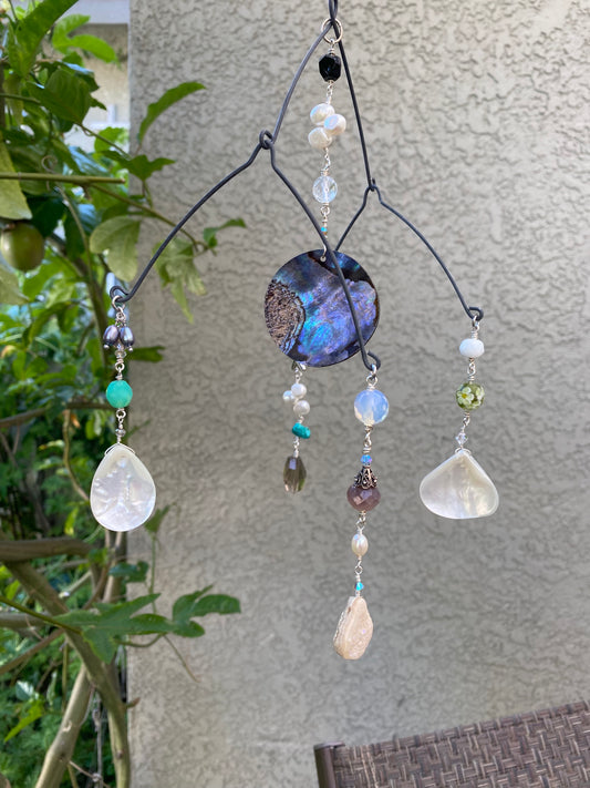 Sun Catchers: Abalone Shell with Druzzy quartz, Shell, Freshwater pearls, Smokey Quartz, Turquoise, etc. SC23-CO0009