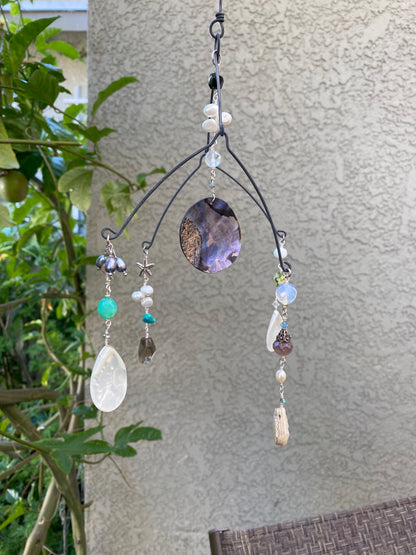 Sun Catchers: Abalone Shell with Druzzy quartz, Shell, Freshwater pearls, Smokey Quartz, Turquoise, etc. SC23-CO0009