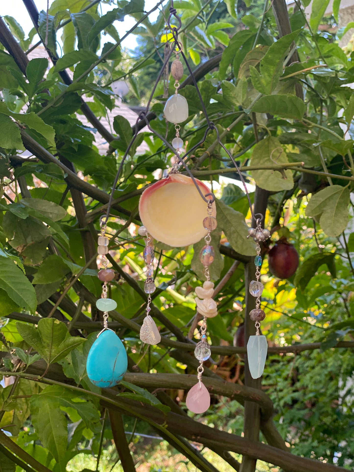 Sun Catchers: Medium Shell with Druzzy quarts droplet, Rose quartz, Chalcedony beads along with other beautiful stones SC23-CO0011