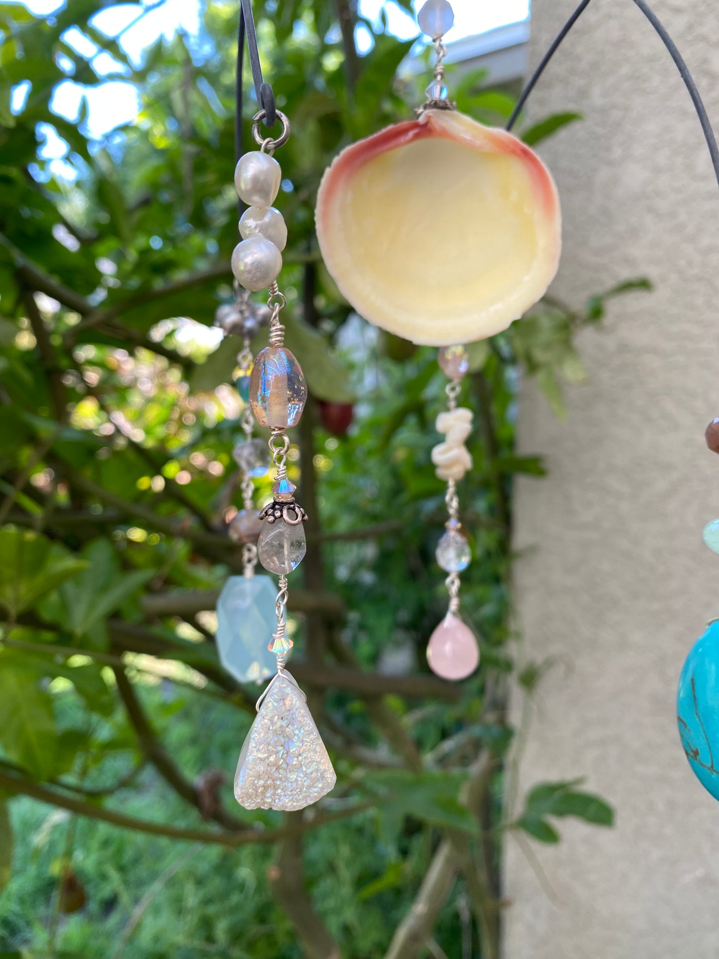 Sun Catchers: Medium Shell with Druzzy quarts droplet, Rose quartz, Chalcedony beads along with other beautiful stones SC23-CO0011