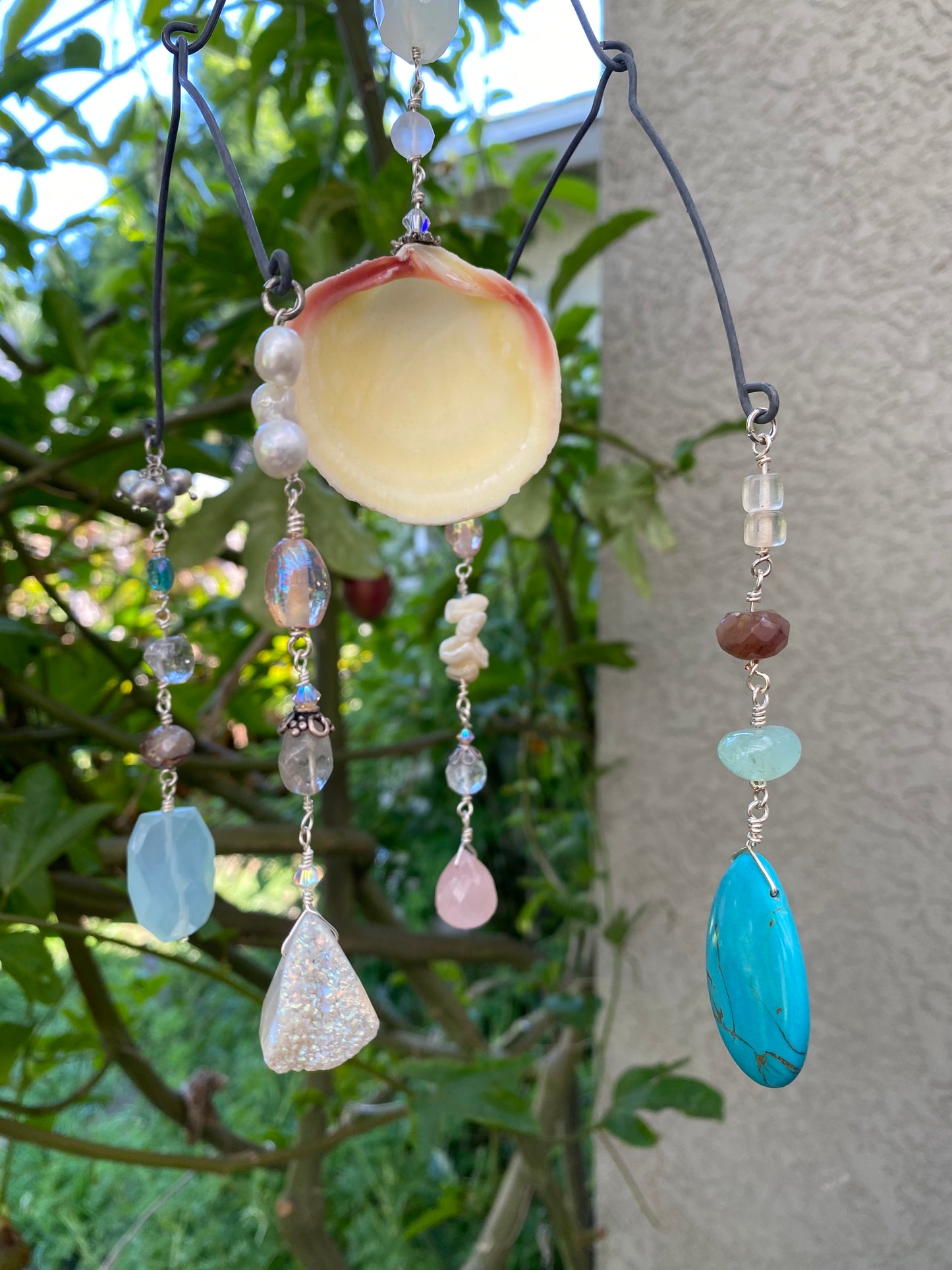 Sun Catchers: Medium Shell with Druzzy quarts droplet, Rose quartz, Chalcedony beads along with other beautiful stones SC23-CO0011