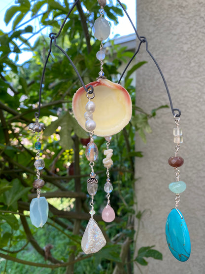 Sun Catchers: Medium Shell with Druzzy quarts droplet, Rose quartz, Chalcedony beads along with other beautiful stones SC23-CO0011