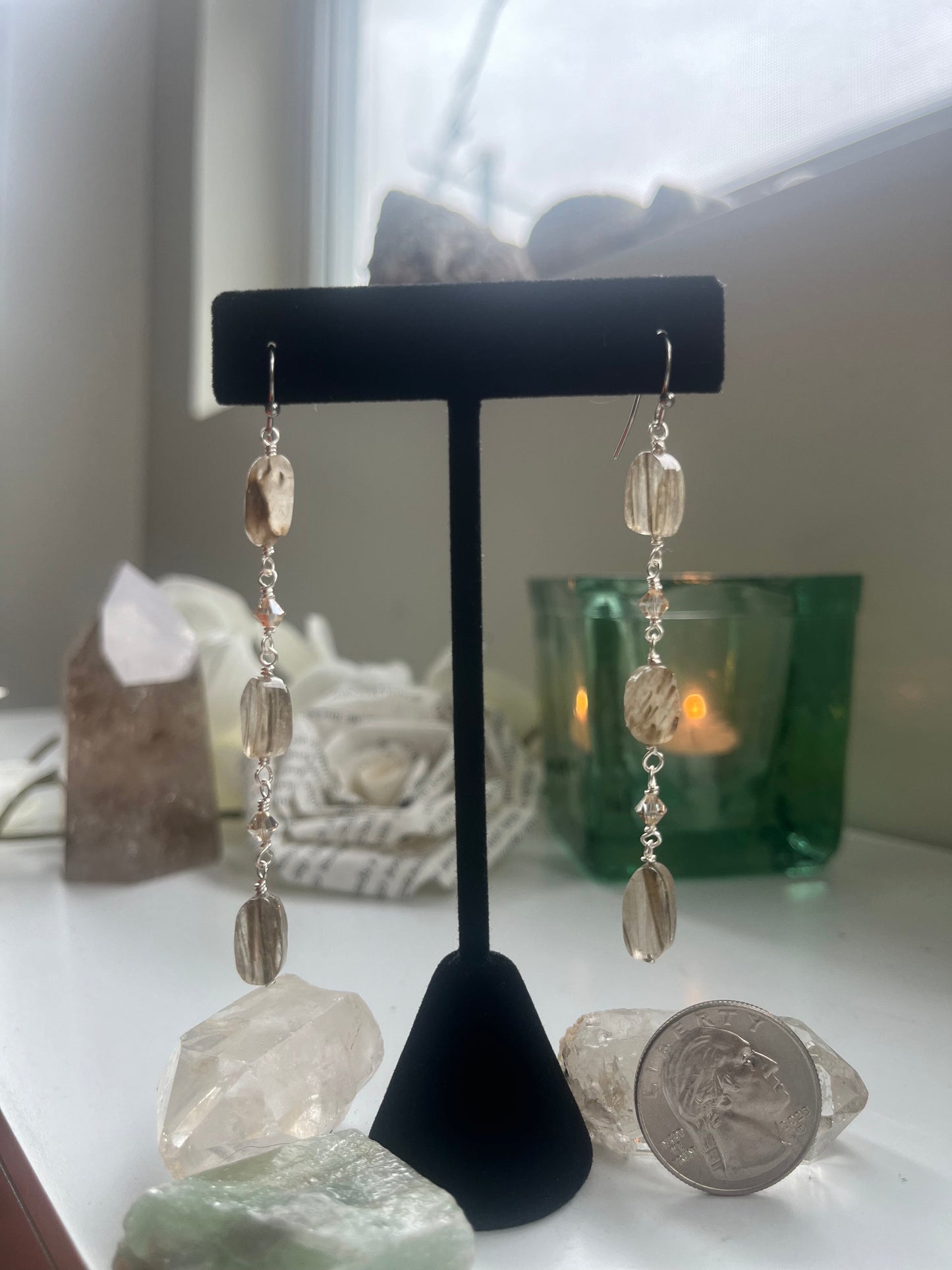 3 oblong rutilated quartz hanging earrings with Swarovki bicones AN23-EP0026