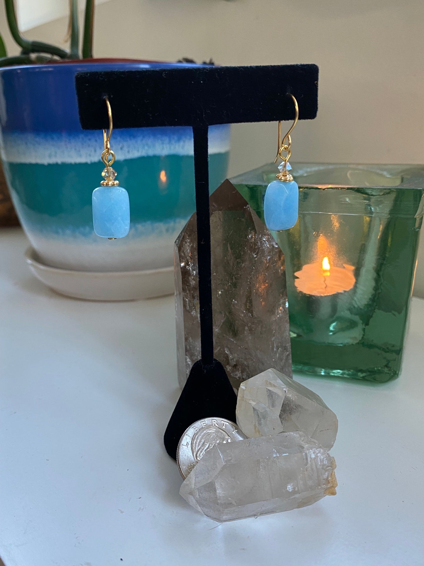 Blue rectangular stone bead with Swarovski crystals with gold plated spacer and earwires AN23-EG00