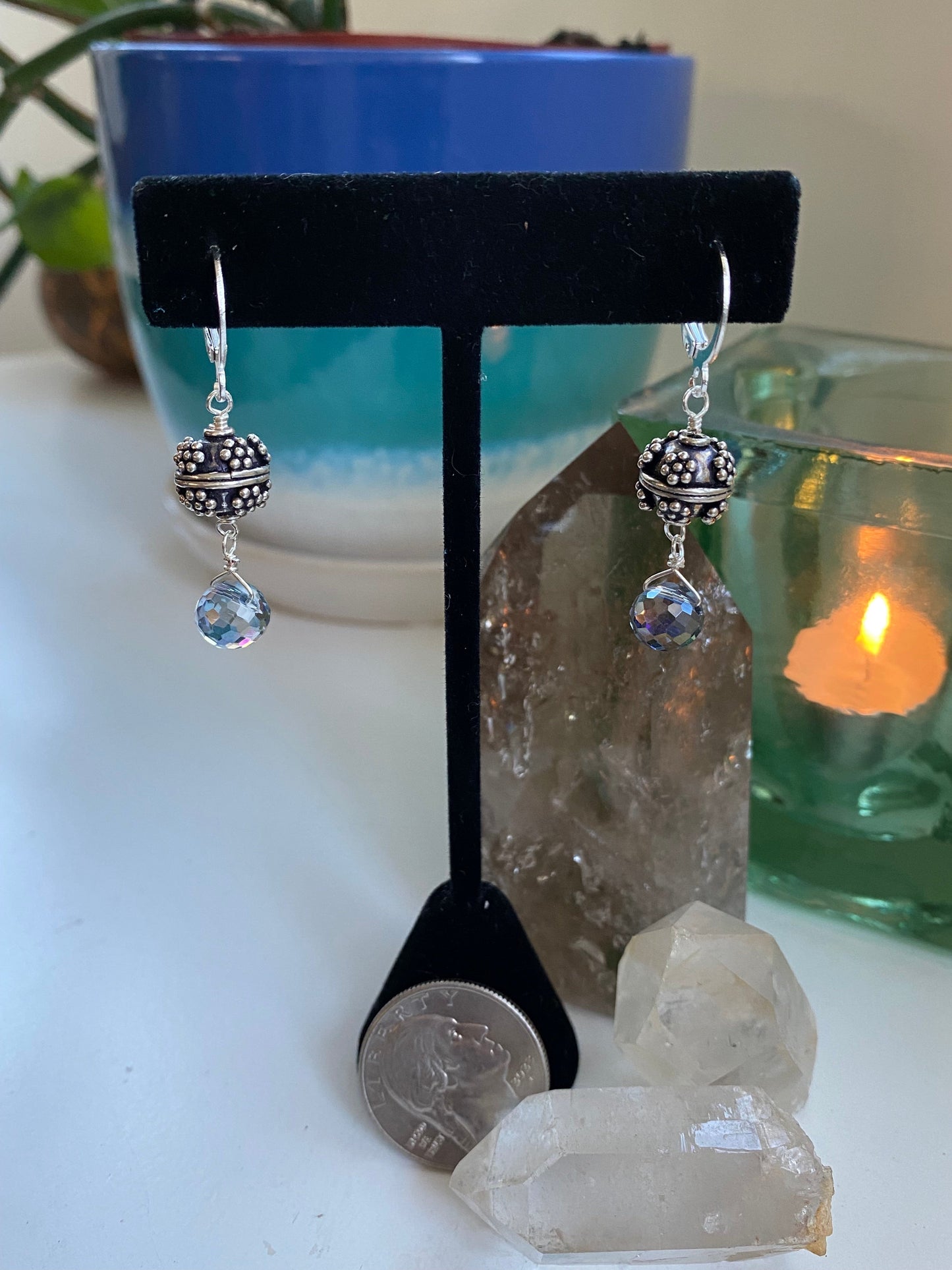 Sterling silver beads with blue shimmer clear teardrop beads with stainless steel ear clasps AN23-EGL00