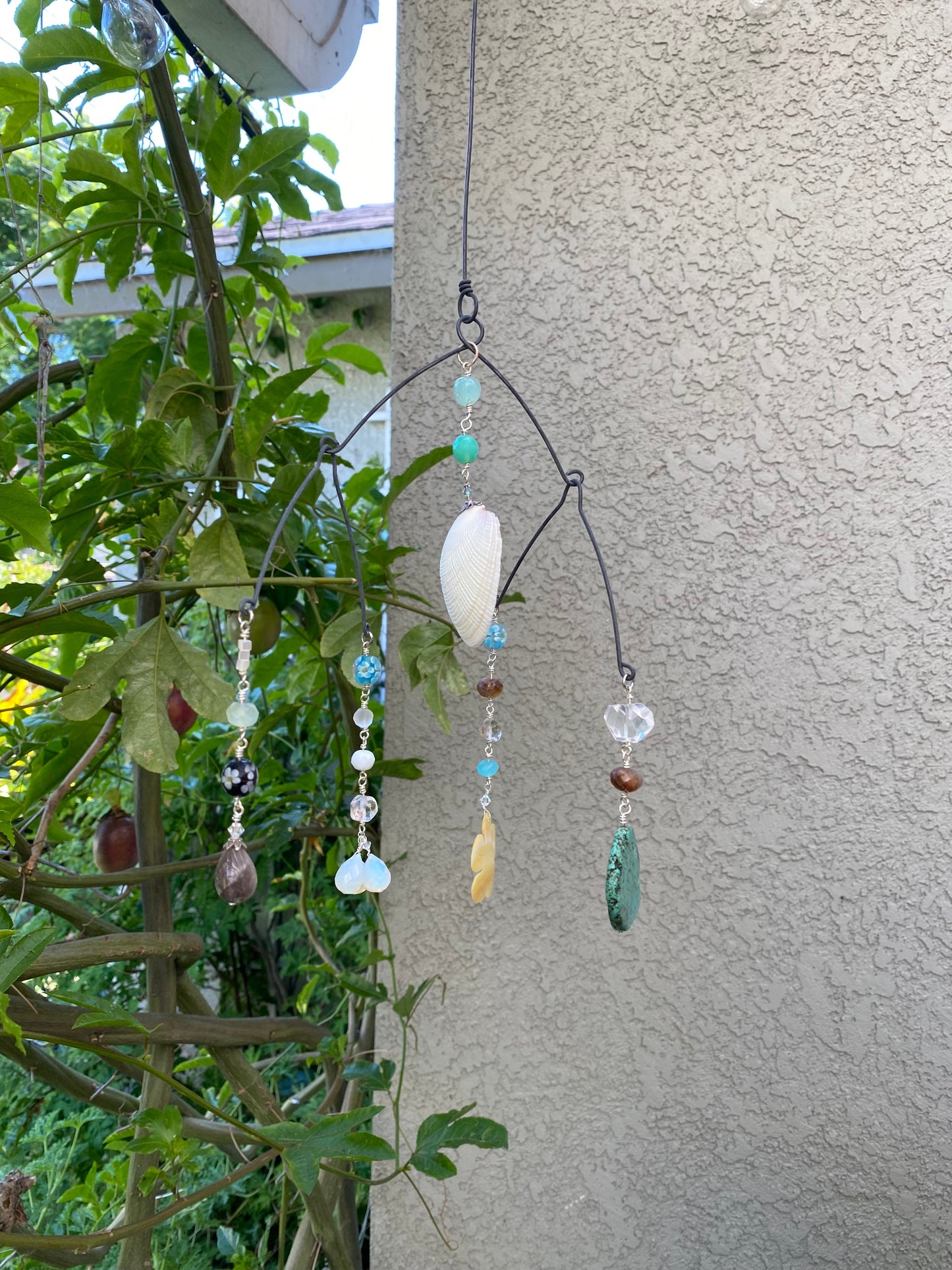 Sun Catchers: Medium Shell in the middle, Opalite droplets, floral carved flower bead, Quartz, Jasper, Chalcedony beads, etc. SC23-CO0003