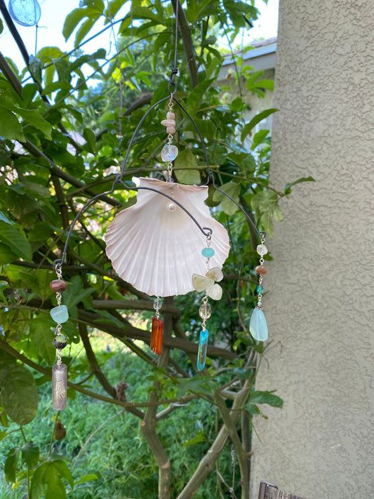 Sun Catchers: Large Shell with Chalcedony, dyed Howlite, Carnelian, quartz beads, shell beads, etc. SC23-CO0004