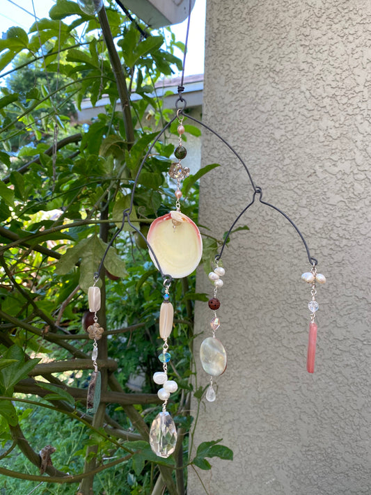 Sun Catchers: Medium Shell in the middle with Turquoise, round shaped shell, quartz (Smokey), and strawberry quartz, freshwater pearls, etc. SC23-CO0005