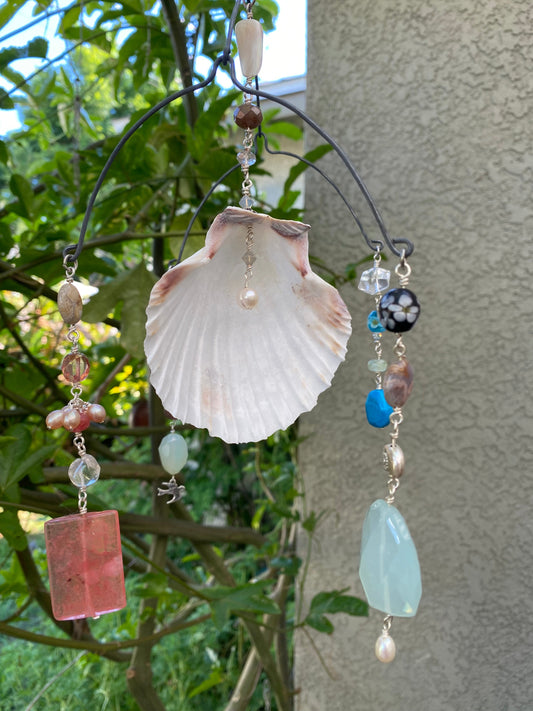 Sun Catchers: Large Shell with Strawberry Quartz, Chalcedony, Freshwater pearls, Bird Charm, Jasper, Quartz and dyed Howlite etc. SC23-CO0006