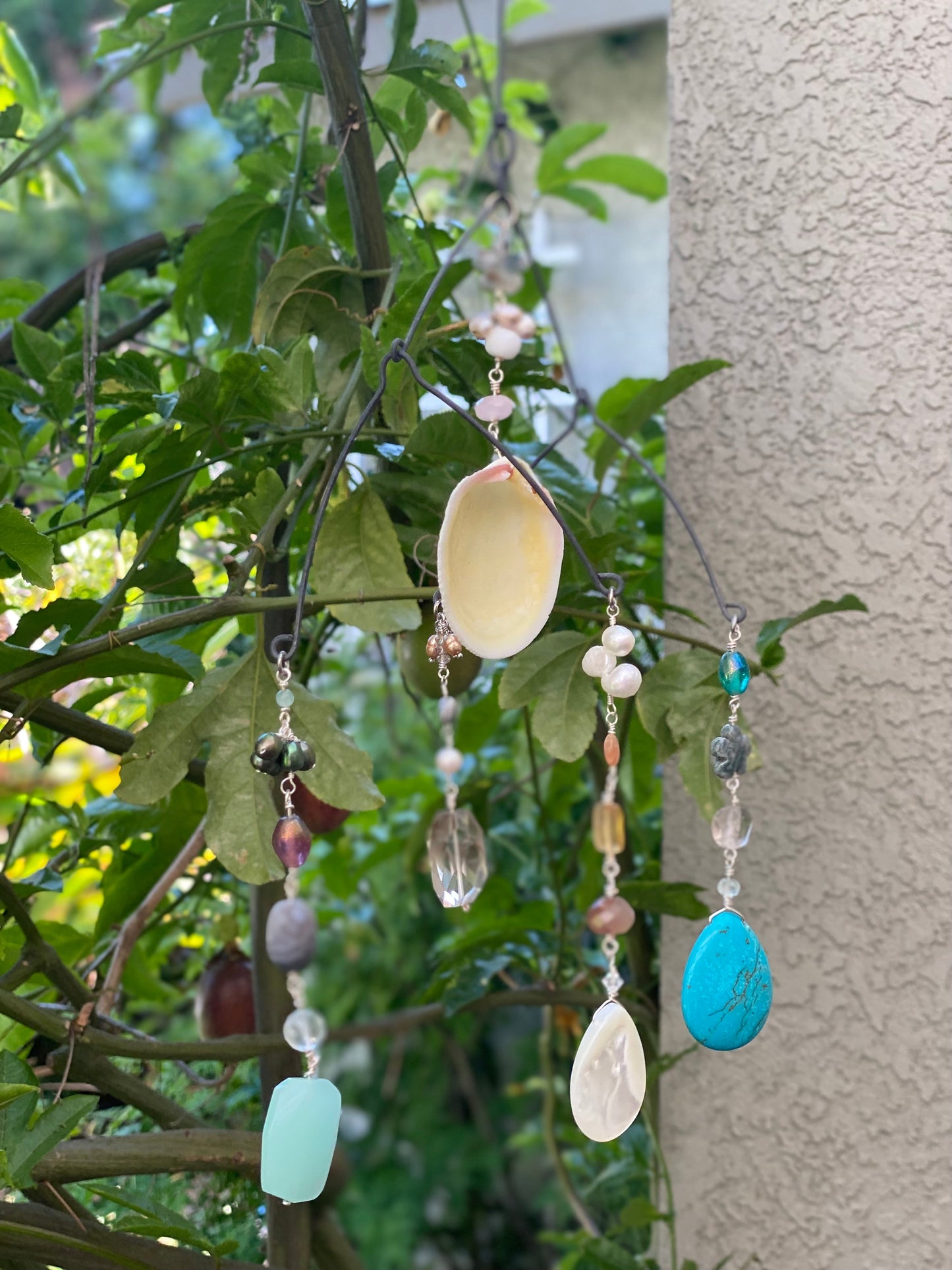 Sun Catchers: Medium Shell with Chalcedony, Quartz, Smokey Quartz, Freshwater Pearls, Jasper, Shell droplet, etc. SC23-CO0007