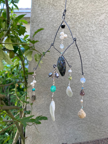 Sun Catchers: Abalone Shell with Druzzy quartz, Shell, Freshwater pearls, Smokey Quartz, Turquoise, etc. SC23-CO0009