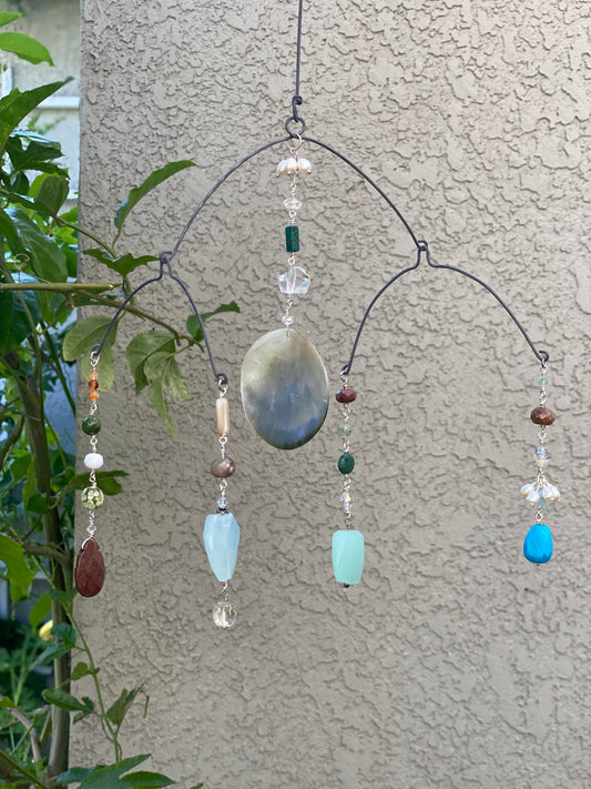 Sun Catcher: Medium Shell with Quartz, pink shell, Chalcedony, Carnelian, Freshwater Pearls, turquioise, quartz beads, etc. SC23-CO0010