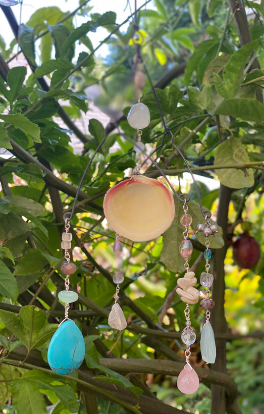 Sun Catchers: Medium Shell with Druzzy quarts droplet, Rose quartz, Chalcedony beads along with other beautiful stones SC23-CO0011